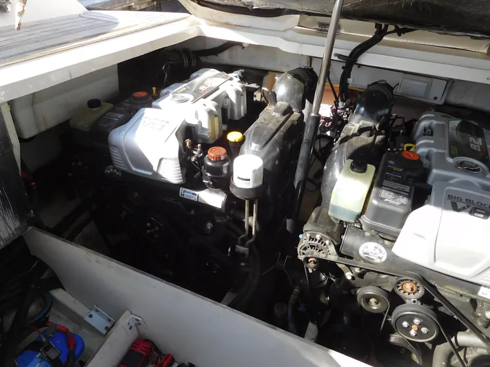  Yacht Photos Pics Engine compartment of 2015 Sea Ray 350 SLX boat, showcasing dual engines.