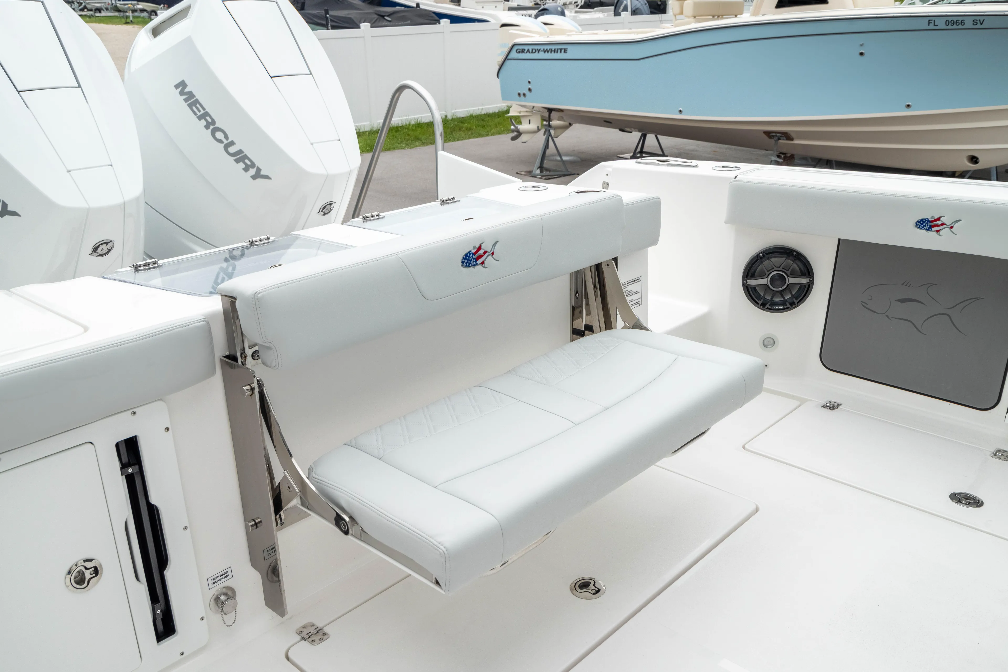  Yacht Photos Pics 2026 Crevalle 33 CSF boat with Mercury engines and foldable seating.