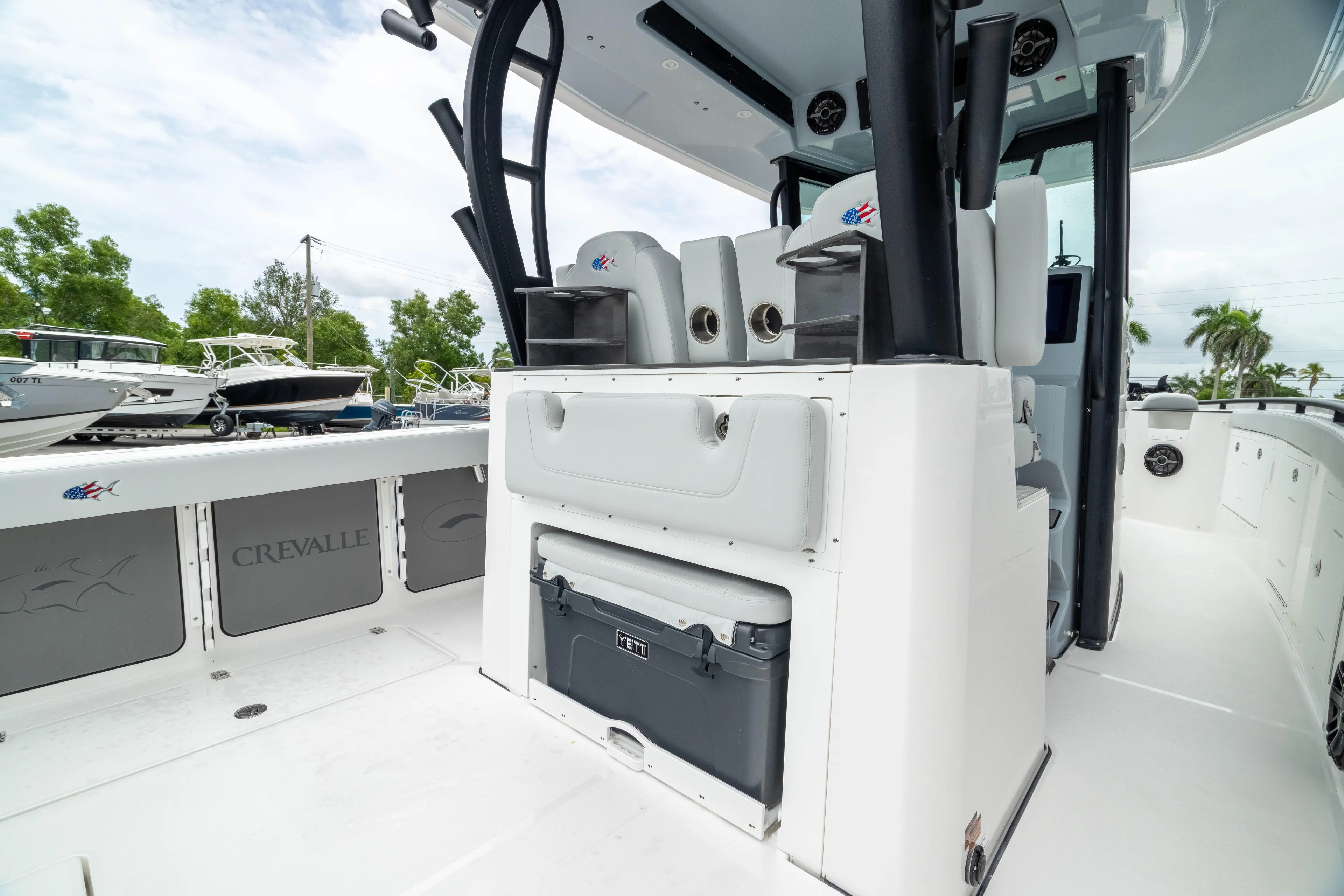  Yacht Photos Pics 2026 Crevalle 33 CSF boat interior with seating and storage compartments.