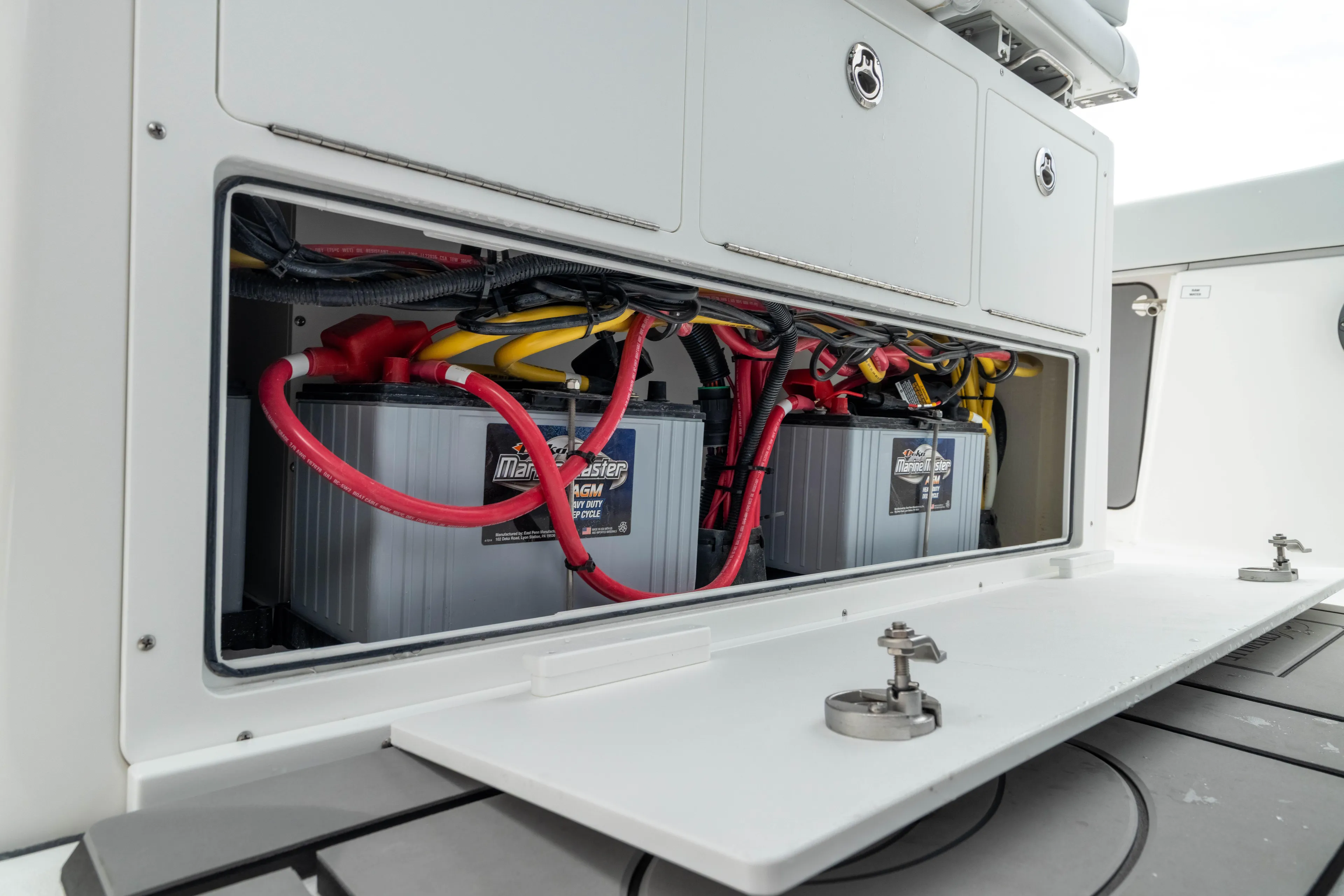  Yacht Photos Pics Battery compartment of 2026 Crevalle 33 CSF boat, featuring organized wiring and secure storage.
