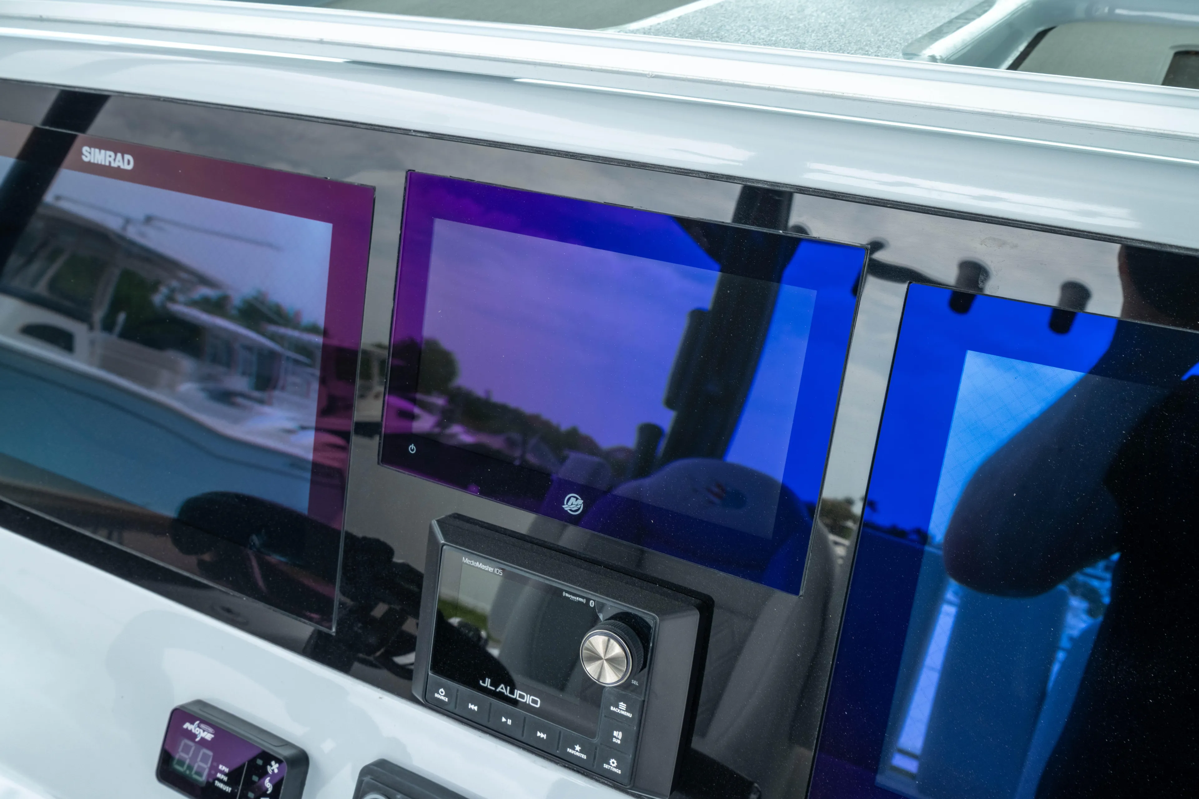  Yacht Photos Pics Dashboard of 2026 Crevalle 33 CSF boat with advanced navigation displays.