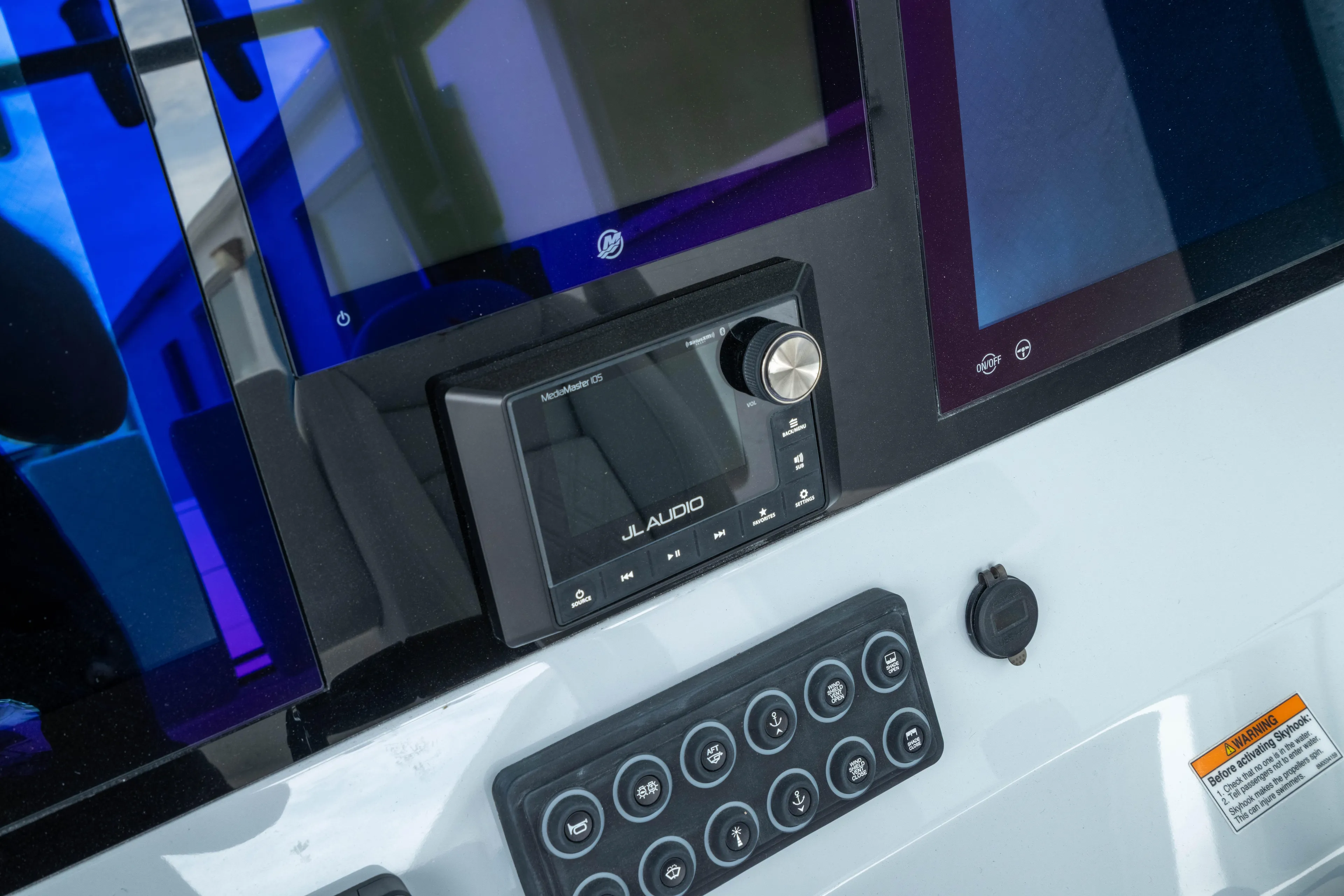  Yacht Photos Pics Control panel of 2026 Crevalle 33 CSF boat with JL Audio system.