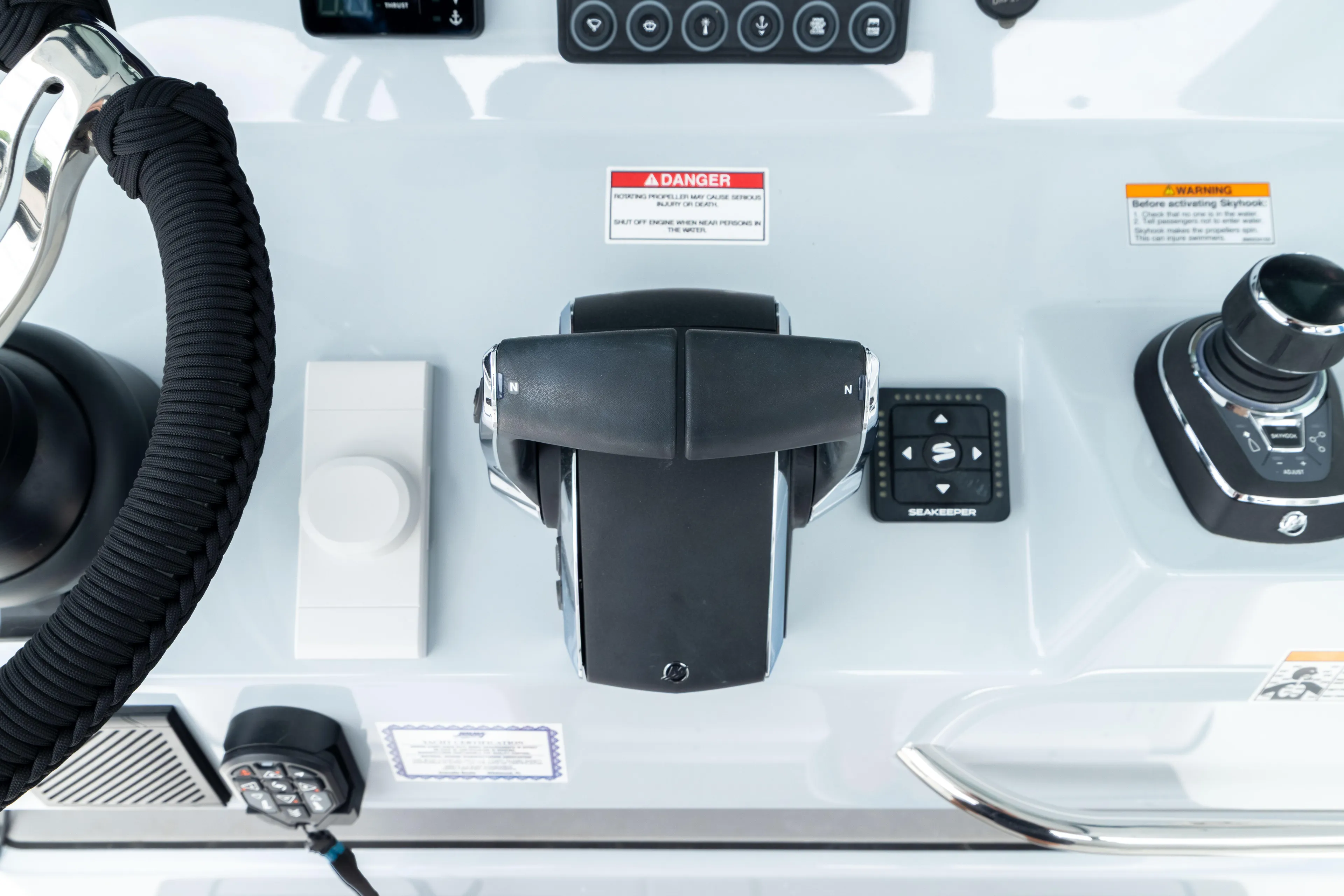  Yacht Photos Pics 2026 Crevalle 33 CSF boat control panel with throttle and joystick.