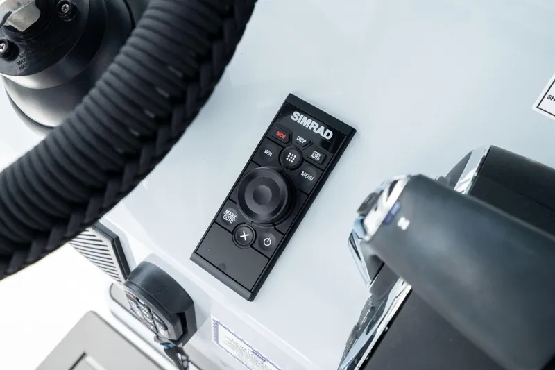  Yacht Photos Pics Steering console of 2026 Crevalle 33 CSF with Simrad control panel.