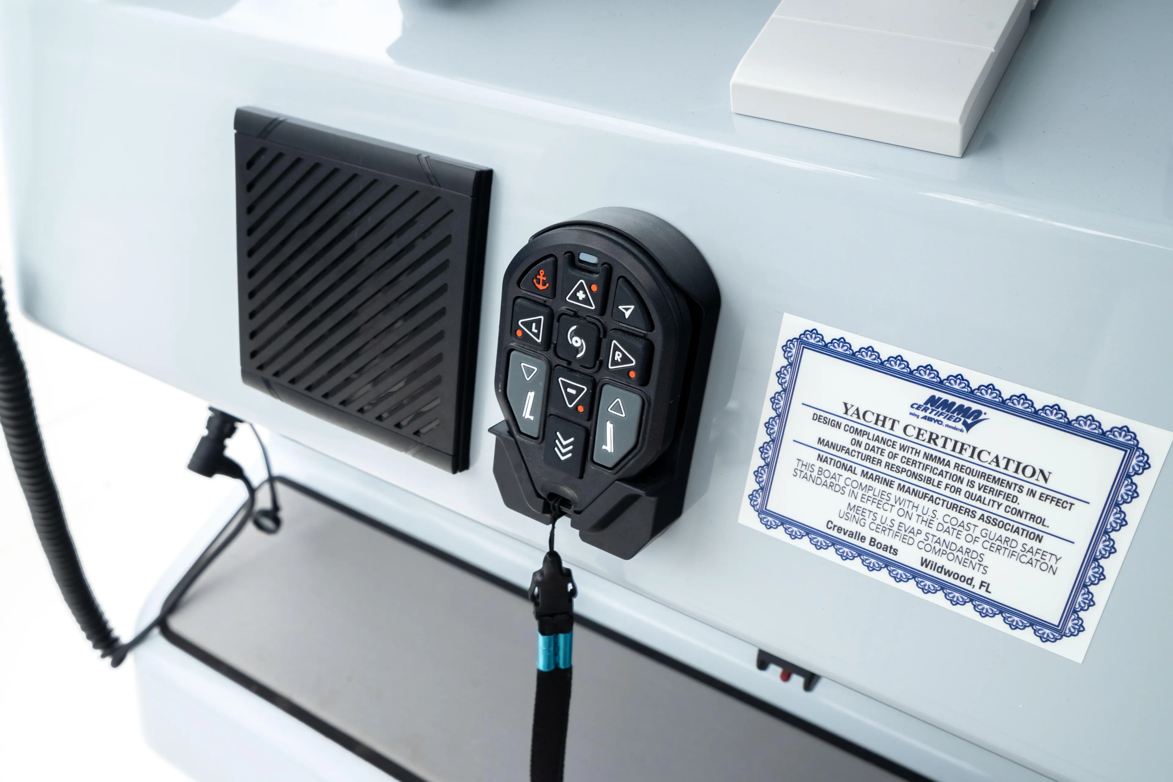  Yacht Photos Pics Control panel and yacht certification on 2026 Crevalle 33 CSF boat.