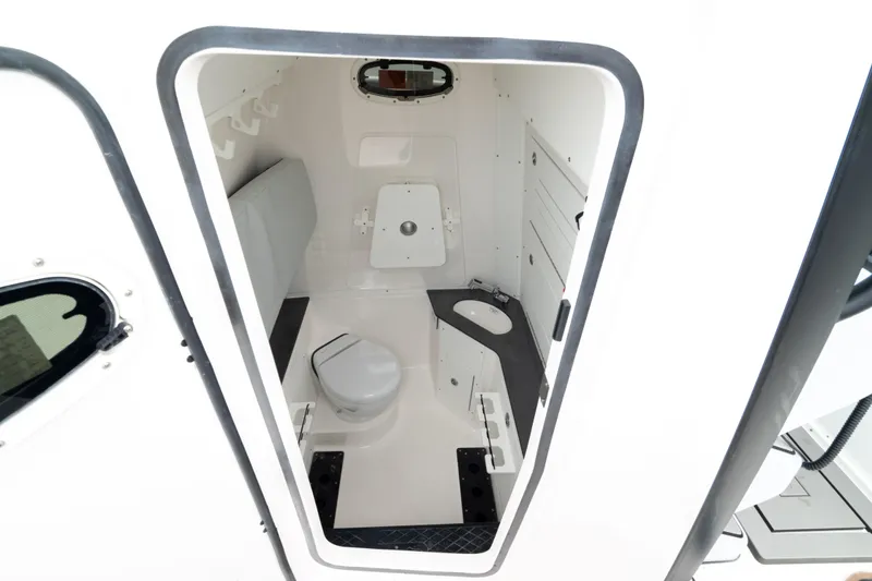  Yacht Photos Pics Interior view of 2026 Crevalle 33 CSF boat bathroom with modern amenities.