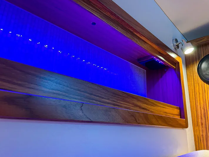  Yacht Photos Pics Modern Aspen C108 interior with blue LED lighting and wooden accents, 2026 model.