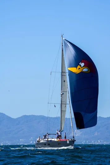 Edwina Yacht Photos Pics 2018 Jeanneau 54 sailboat with cartoon sail design on open water.