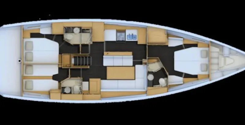 Edwina Yacht Photos Pics 2018 Jeanneau 54 yacht interior layout with cabins, bathrooms, and kitchen.