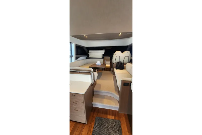  Yacht Photos Pics Luxurious interior of 2022 Princess F50 yacht with elegant seating and modern design.