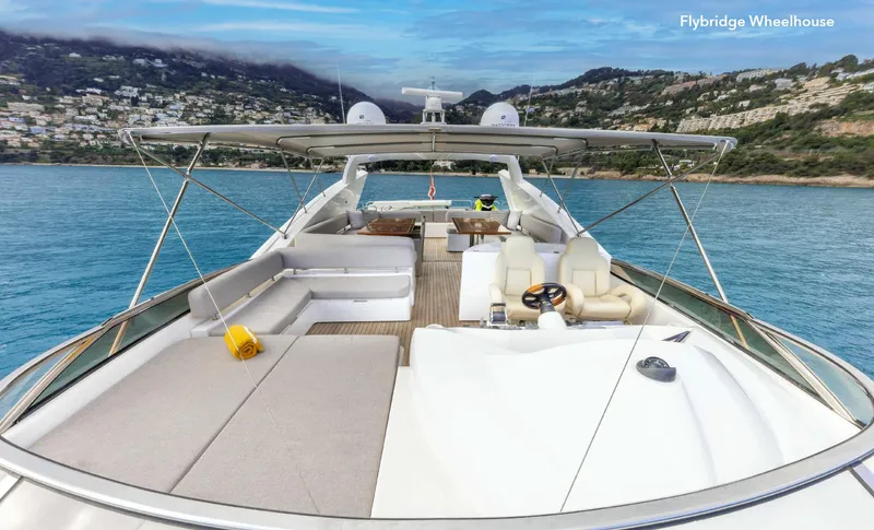  Yacht Photos Pics Luxurious 2007 Sunseeker 90 Yacht on serene blue waters, featuring spacious flybridge wheelhouse.