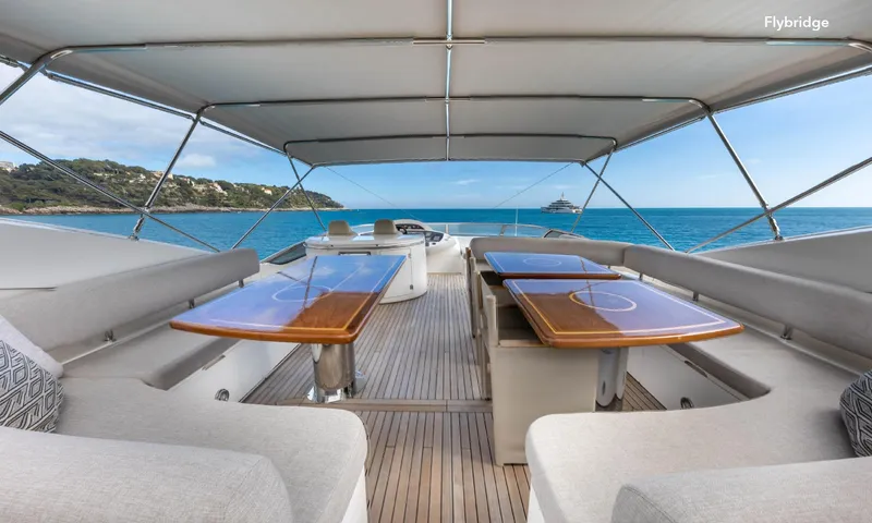  Yacht Photos Pics Luxurious 2007 Sunseeker 90 Yacht flybridge with elegant seating and ocean view.