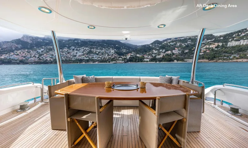  Yacht Photos Pics Aft deck dining area on 2007 Sunseeker 90 Yacht with scenic coastal view.