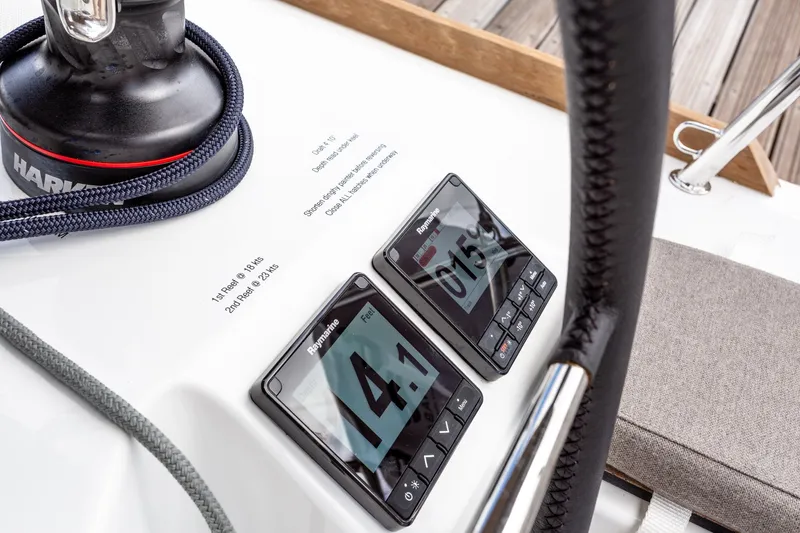Off The Clock Yacht Photos Pics Cockpit instruments on 2020 Jeanneau Sun Odyssey 349 sailboat, displaying speed and wind data.