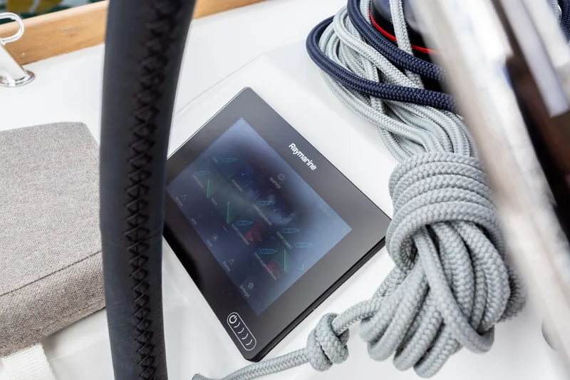 Off The Clock Yacht Photos Pics Raymarine display and ropes on Jeanneau Sun Odyssey 349, 2020 model sailboat.