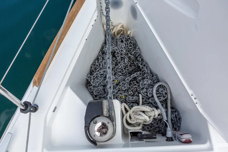 Off The Clock Yacht Photos Pics Anchor locker of 2020 Jeanneau Sun Odyssey 349 with chain and ropes.