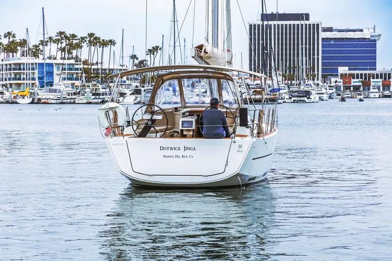 Dotwick Jinga Yacht Photos Pics Sailboat Dufour 360, 2020 model, docked in a marina with cityscape background.