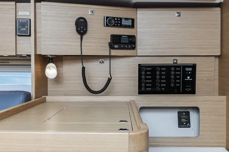 Dotwick Jinga Yacht Photos Pics Control panel of a 2020 Dufour 360 yacht with communication equipment.