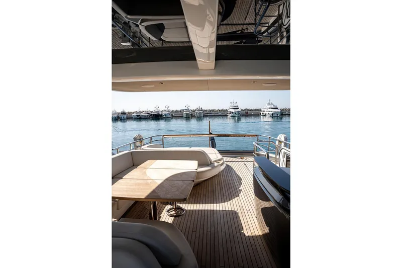  Yacht Photos Pics Luxurious 2023 Princess Y72 yacht deck with elegant seating and ocean view.