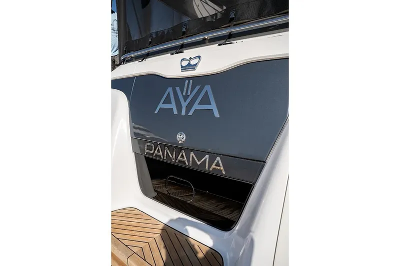  Yacht Photos Pics Stern view of 2023 Princess Y72 yacht with "AYA" and "PANAMA" inscriptions.