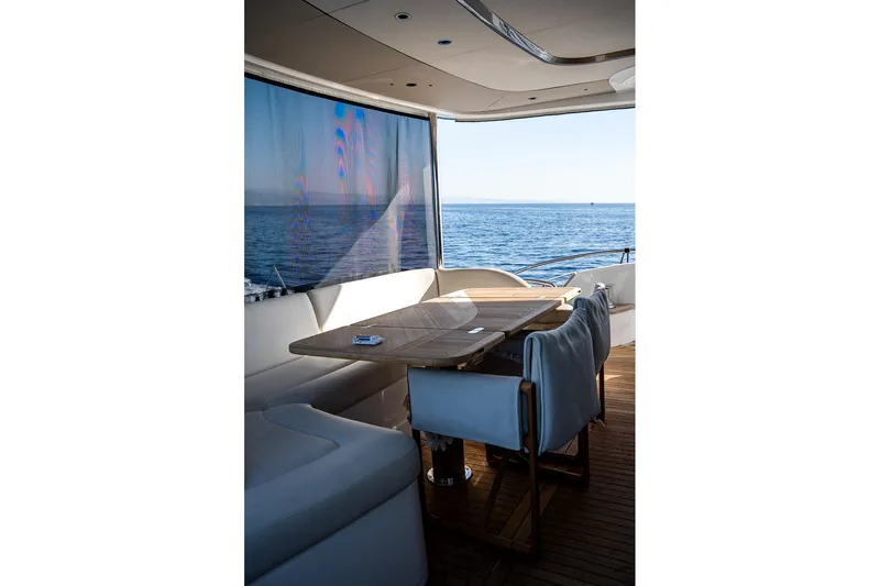  Yacht Photos Pics Luxurious 2023 Princess Y72 yacht deck with elegant seating and ocean view.