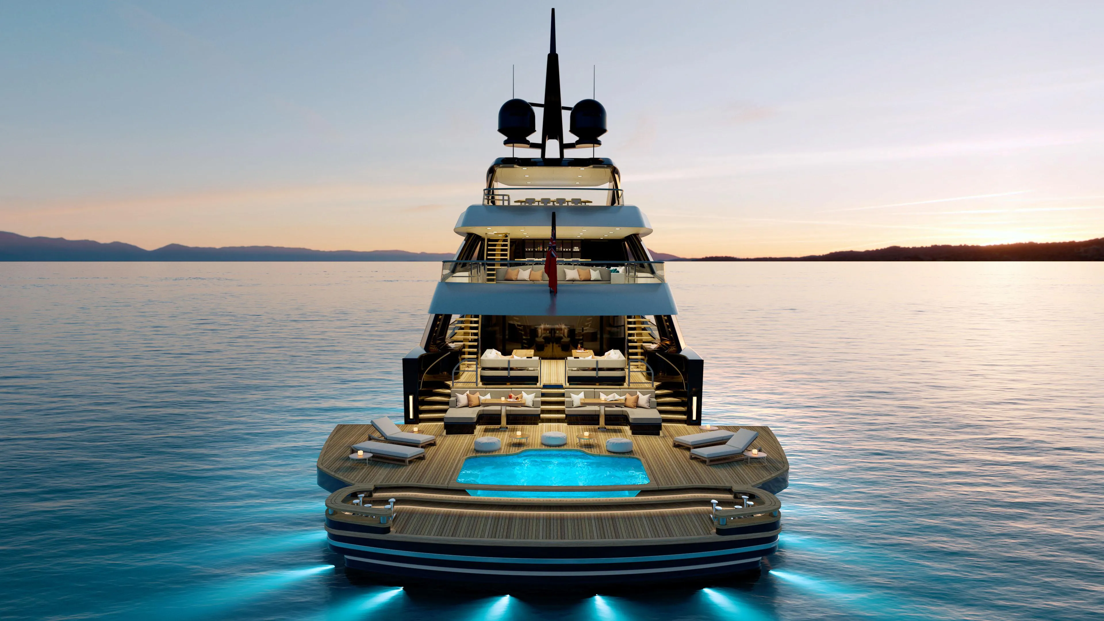 Luxurious custom yacht with pool, illuminated at sunset, 2028 model.