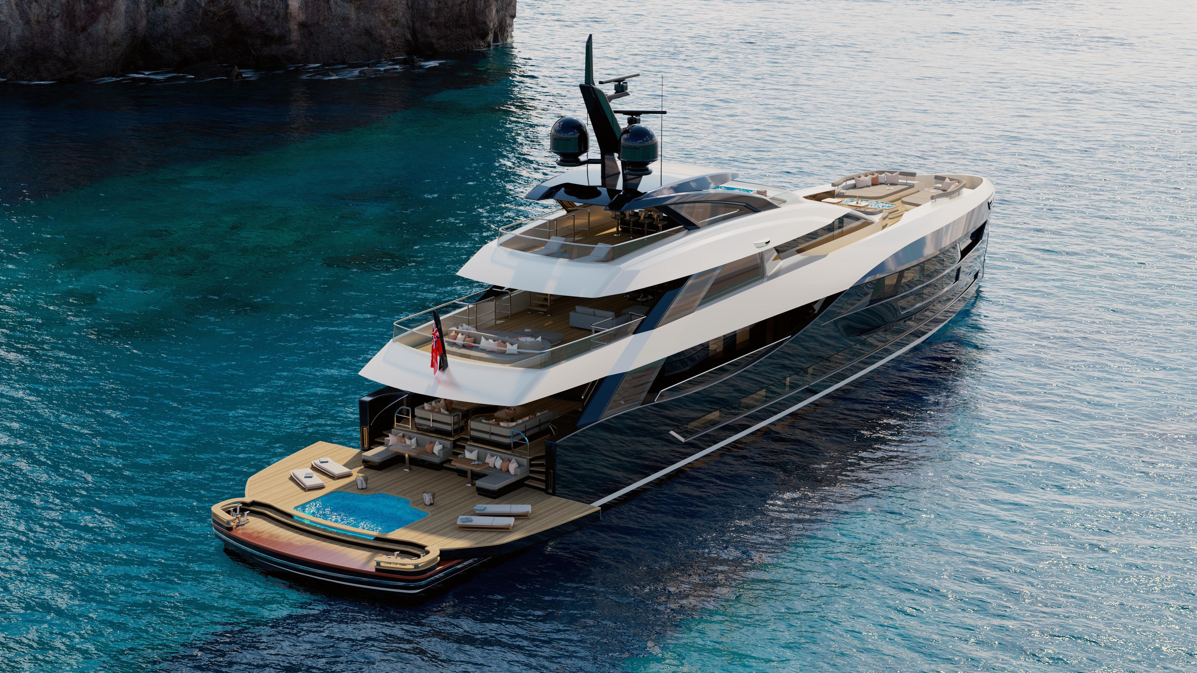 Luxurious custom yacht from 2028 on clear blue water, featuring a spacious deck.