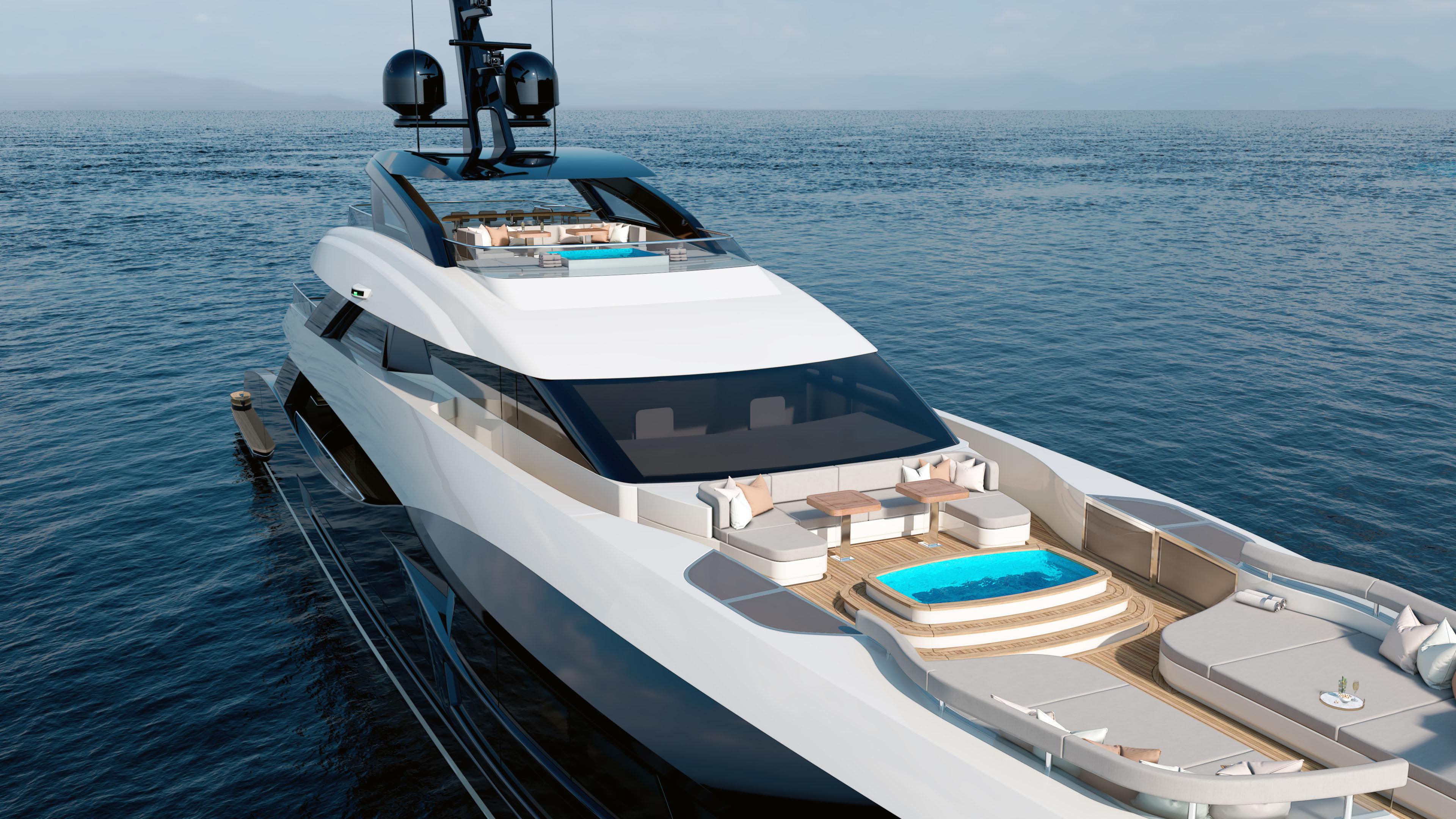 Luxurious custom yacht with modern design, featuring a pool and spacious deck, 2028 model.