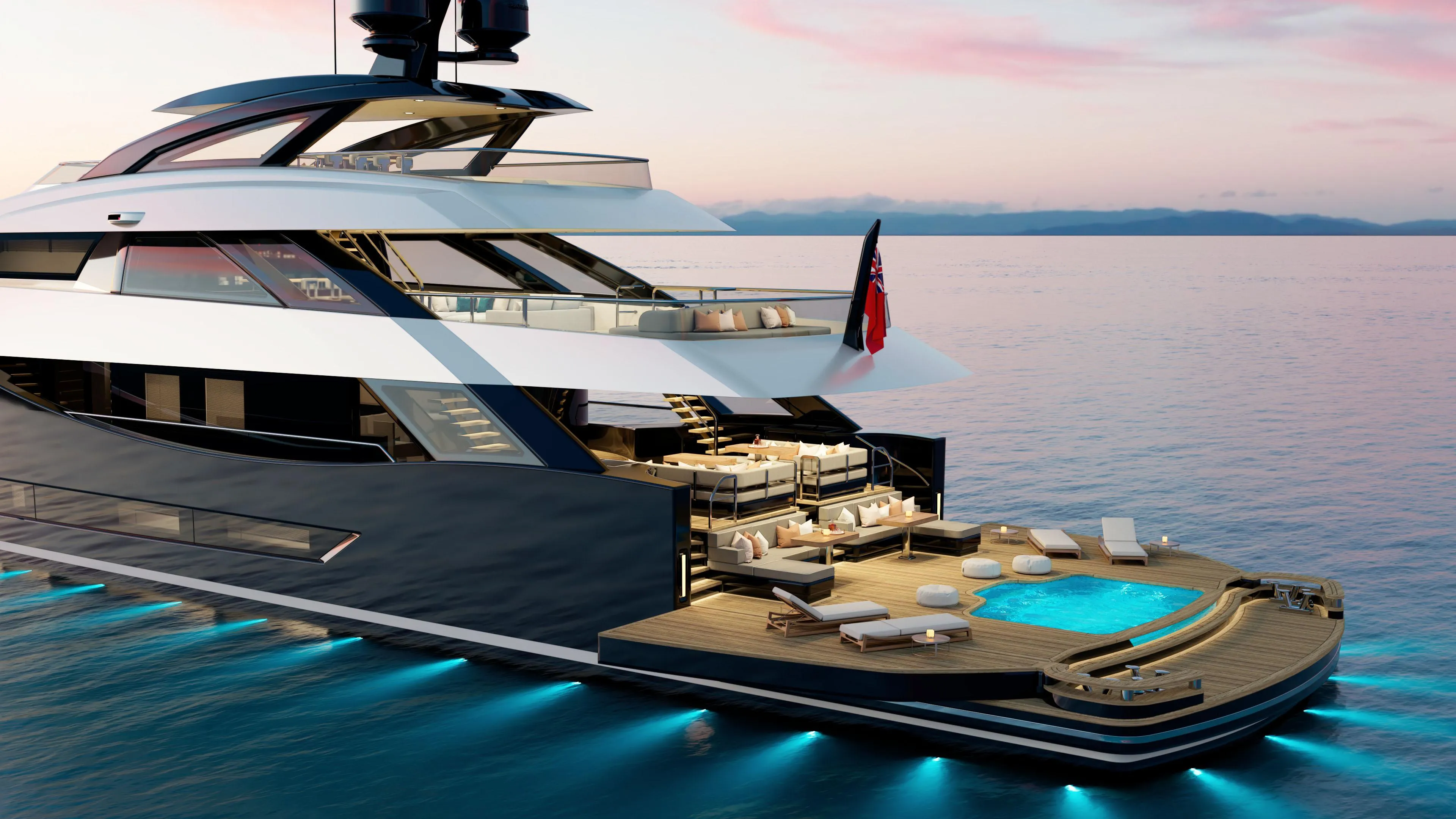 Luxurious custom yacht with pool and lounge area, 2028 model, illuminated at sunset.