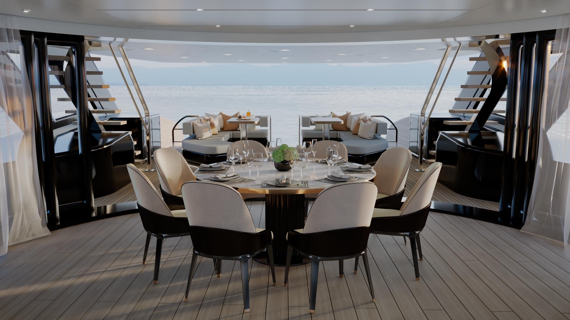 Luxurious yacht dining area with elegant table setting, modern design, and ocean view, 2028 model.