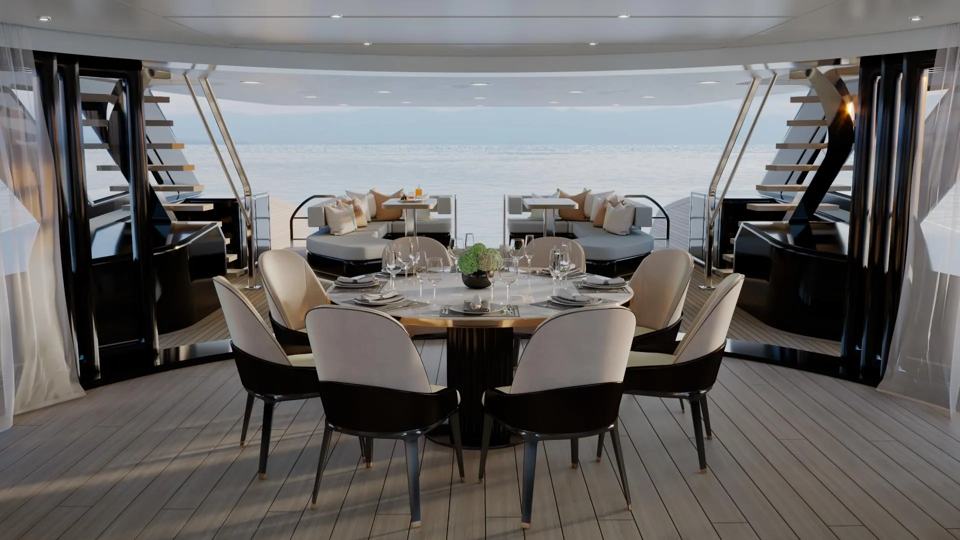 Luxurious yacht dining area with elegant table setting, modern design, and ocean view, 2028 model.
