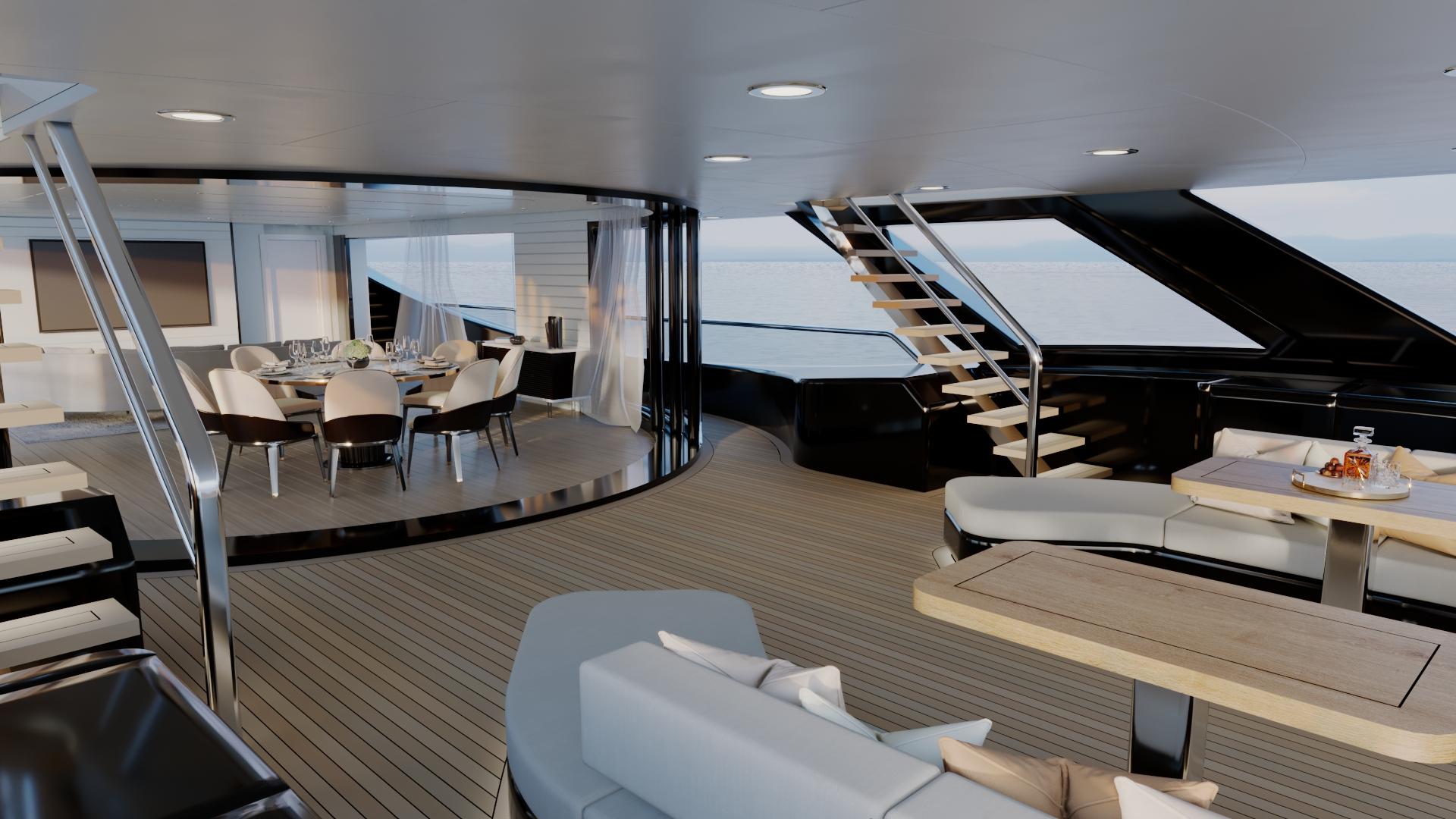Luxurious yacht interior with modern dining area, sleek staircase, and panoramic ocean views, 2028 model.
