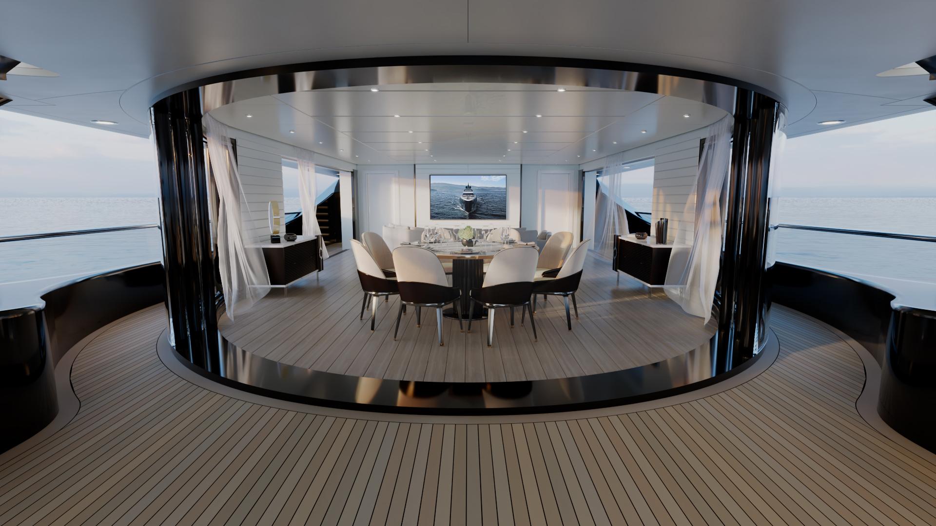 Luxurious yacht interior with elegant dining area, panoramic ocean view, and modern design, 2028 model.