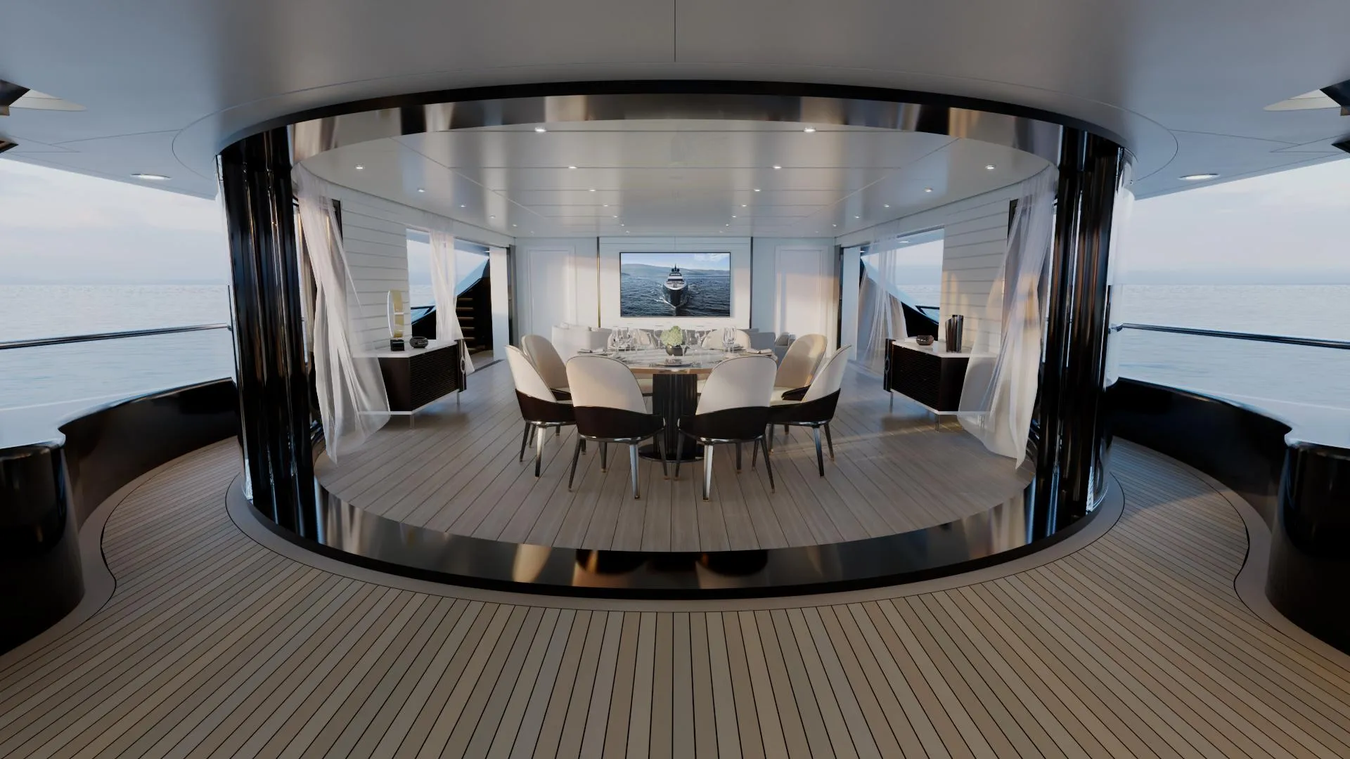 Luxurious yacht interior with elegant dining area, panoramic ocean view, and modern design, 2028 model.