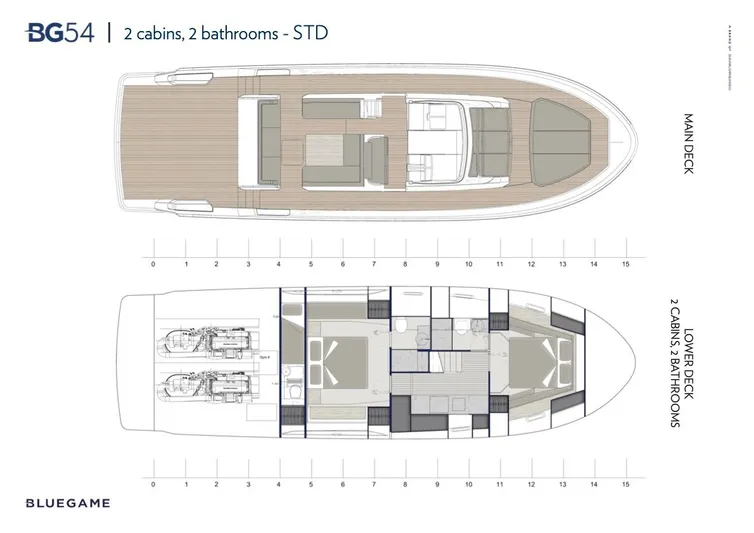  Yacht Photos Pics Blueprint of 2024 Bluegame BG54 yacht, featuring main and lower decks with 2 cabins, 2 bathrooms.