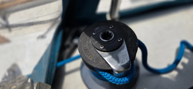  Yacht Photos Pics Winch on 1987 Tayana Center Cockpit sailboat with blue rope.