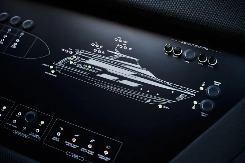  Yacht Photos Pics Control panel of 2023 Ferretti Yachts 920 with navigation lights and yacht diagram.