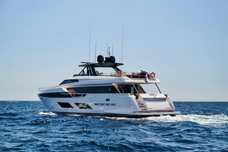  Yacht Photos Pics 2023 Ferretti Yachts 920 cruising on open sea under clear blue sky.