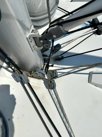 Lucky Yacht Photos Pics Close-up of rigging on a 2014 Beneteau Oceanis 45 sailboat deck.