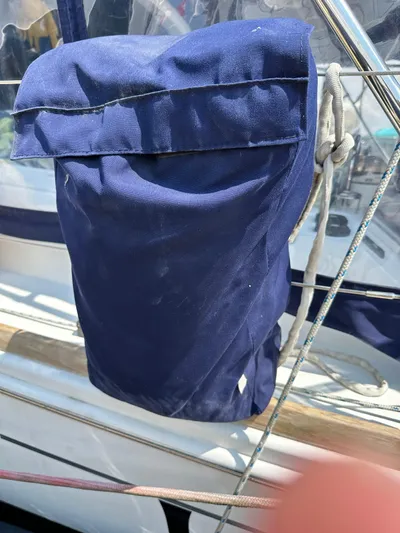 Lucky Yacht Photos Pics Blue canvas bag on Beneteau Oceanis 45 sailboat, 2014 model.