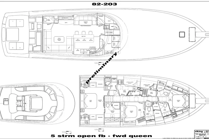 Boujie Yacht Photos Pics Floor plan of 2025 Viking 82 Convertible yacht, featuring five staterooms and open flybridge.