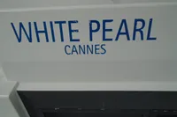 White Pearl boat name on Leopard 45, 2017 model, docked in Cannes.