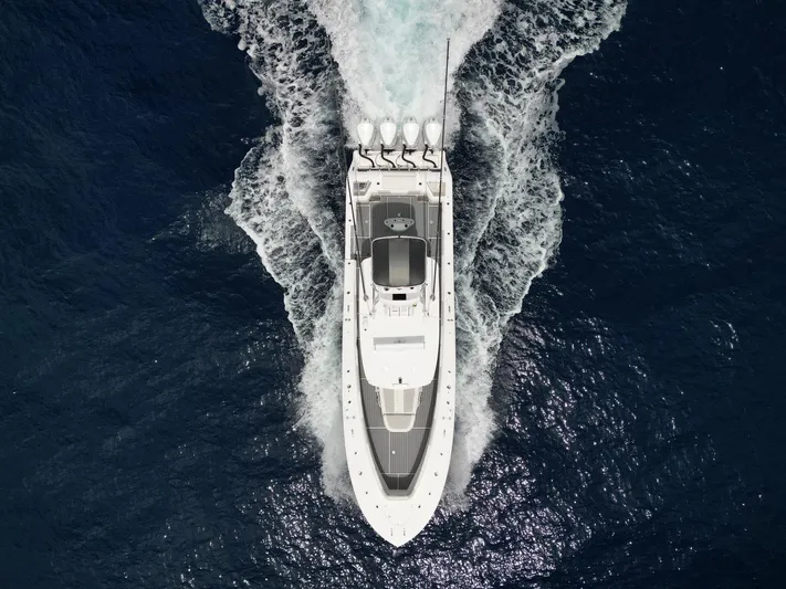 Bluefin Tales Yacht Photos Pics Aerial view of 2021 Front Runner 39 Center Console boat cruising on open water.