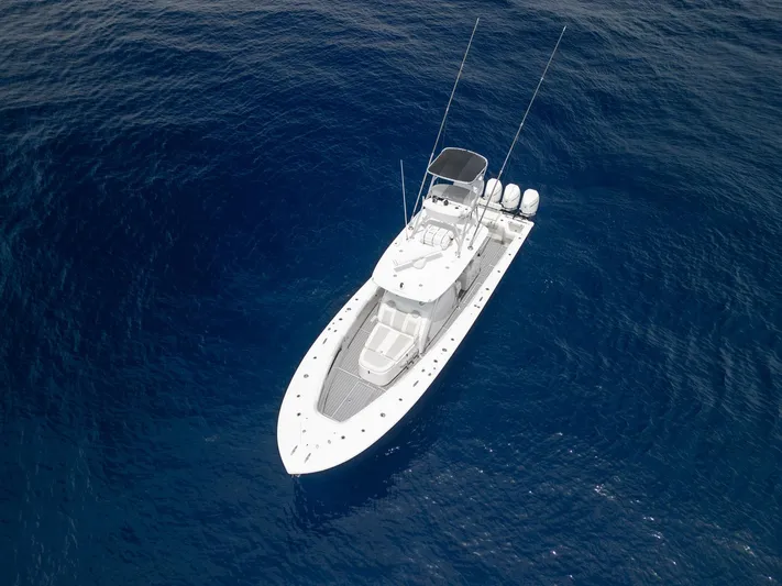 Bluefin Tales Yacht Photos Pics Aerial view of 2021 Front Runner 39 Center Console boat on open water.