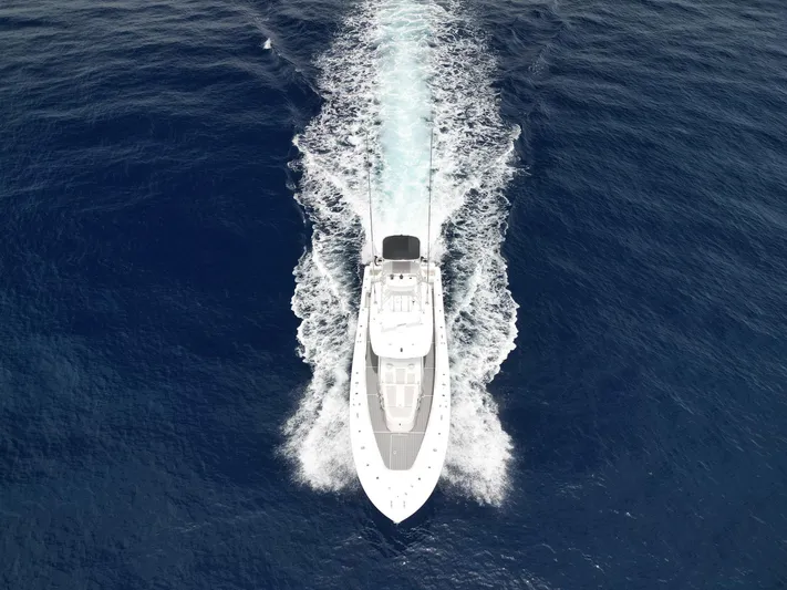 Bluefin Tales Yacht Photos Pics Aerial view of 2021 Front Runner 39 Center Console boat cruising on open water.