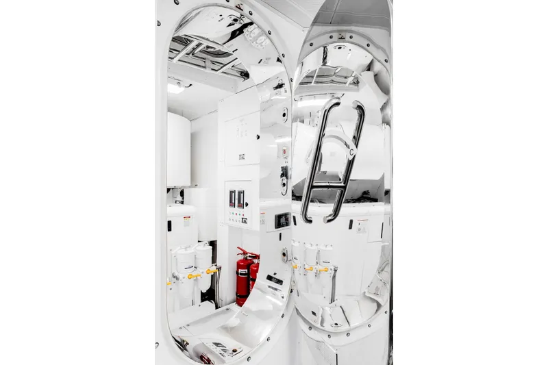 Reduce Yacht Photos Pics Engine room of 2024 Silver Yachts SilverCat 36M, featuring sleek metallic surfaces and equipment.