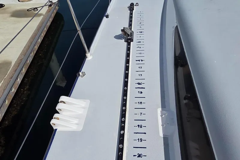 Peligroso Yacht Photos Pics Dencho Marine Kernan 68 sailboat deck with measurement markings, 2005 model.