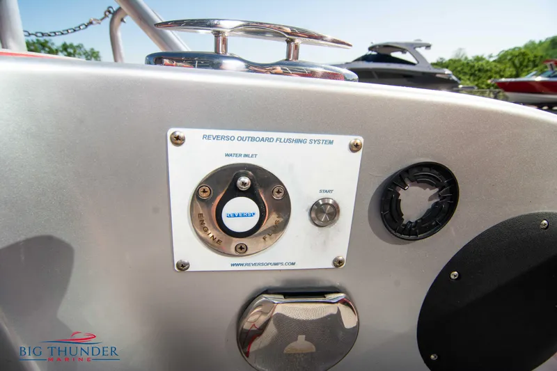 Yacht Photos Pics Close-up of a 2021 Fountain 38 SC Reverso Outboard Flushing System.