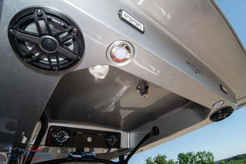  Yacht Photos Pics Close-up of 2021 Fountain 38 SC boat's audio system and speakers.