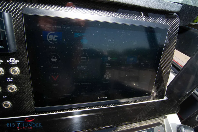  Yacht Photos Pics Close-up of 2021 Fountain 38 SC boat's Garmin touchscreen navigation system.